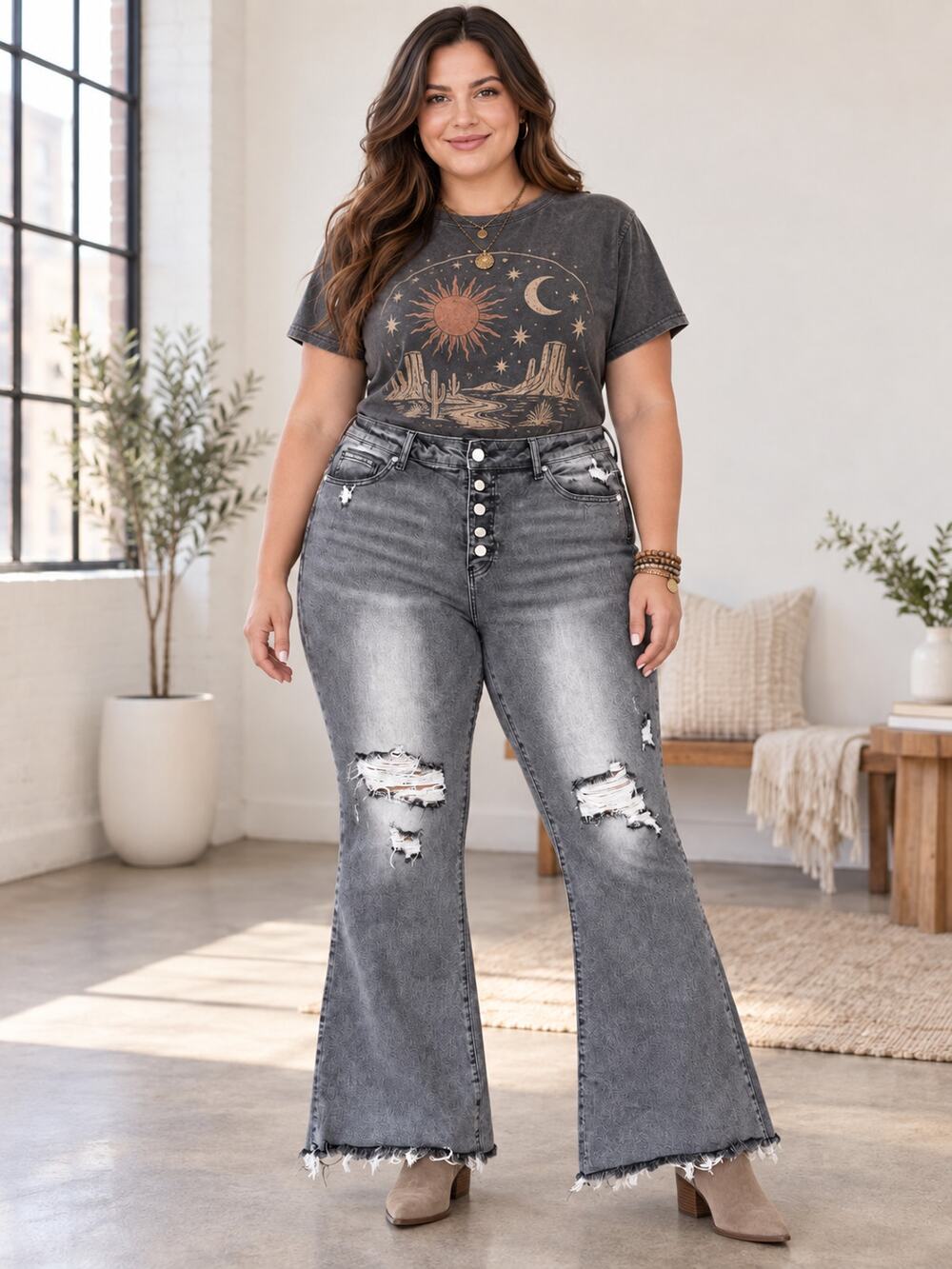 Risen distressed flare jeans